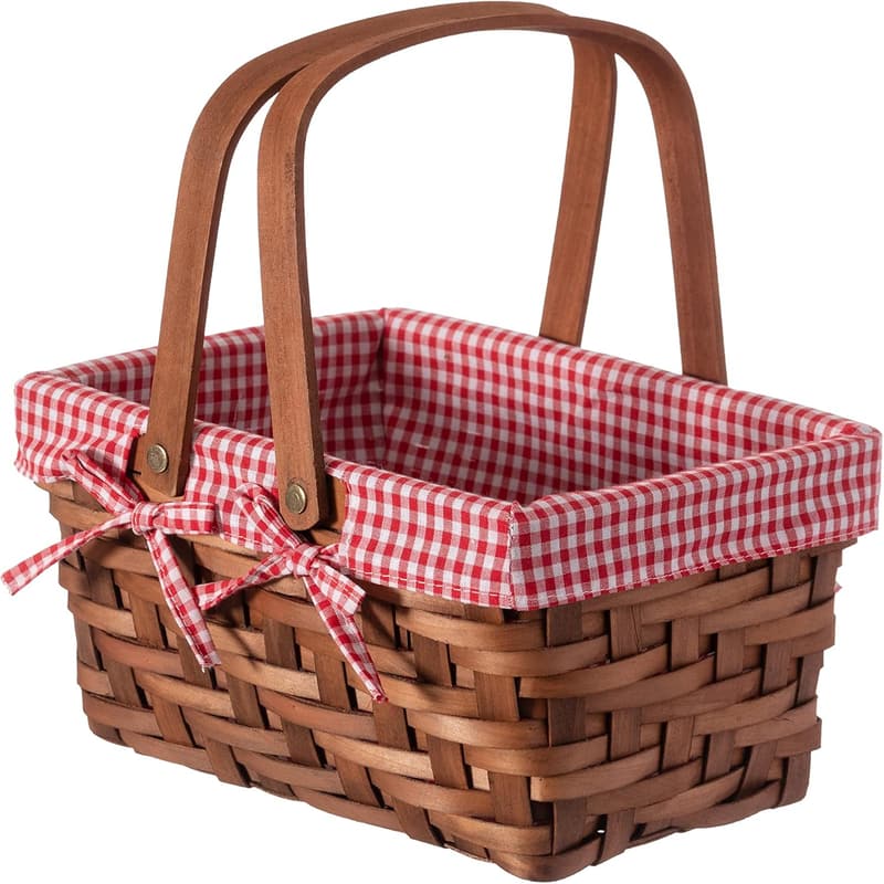 Wicker Picnic Basket with Red Gingham Lining - Hand-Woven