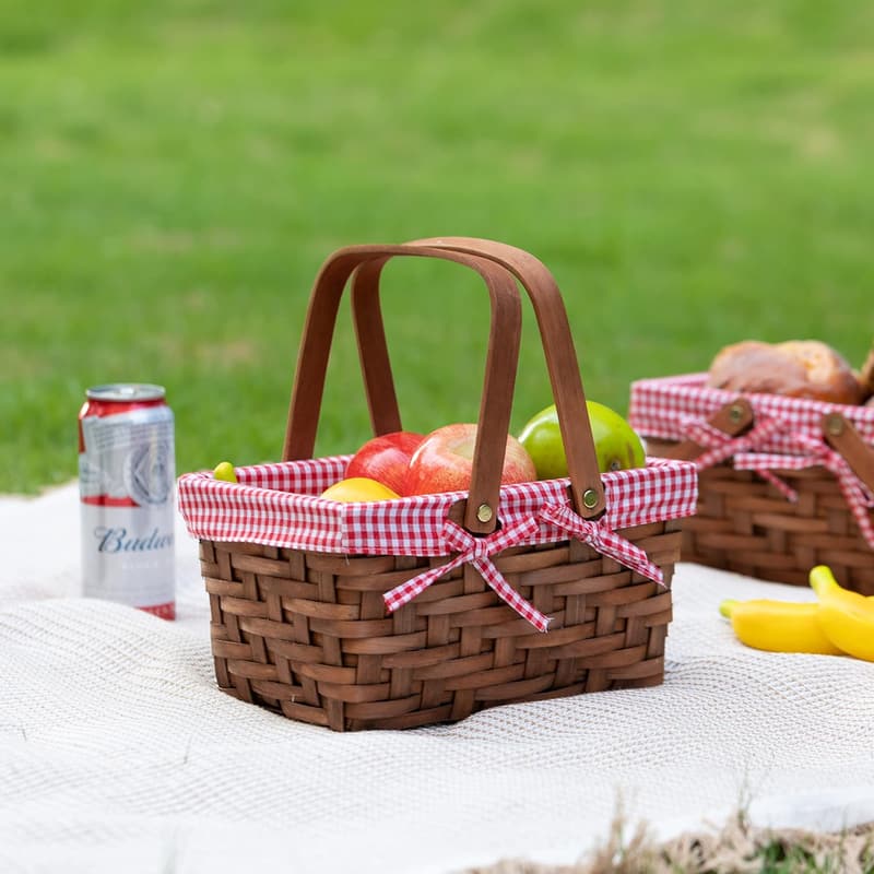 Wicker Picnic Basket with Red Gingham Lining - Hand-Woven