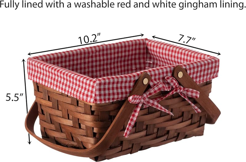 Wicker Picnic Basket with Red Gingham Lining - Hand-Woven