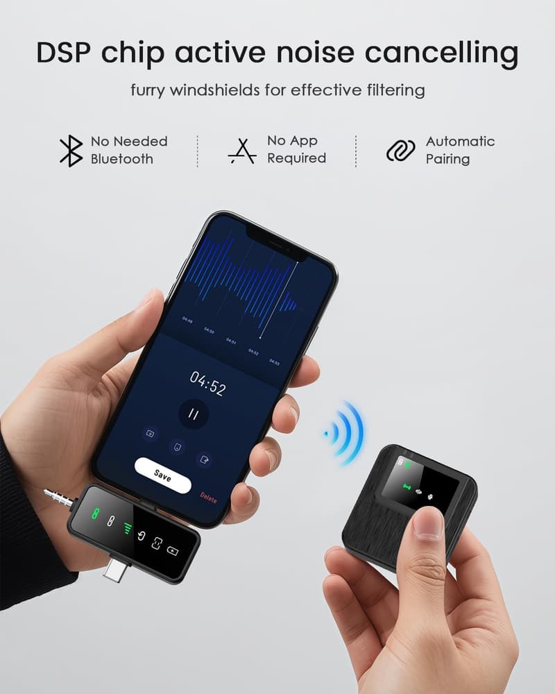 Wireless Lavalier Microphone for iPhone & Android – 328ft Range, 20H Battery