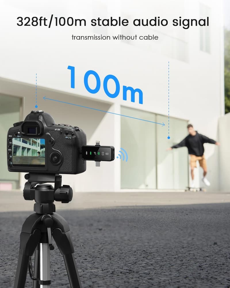 Wireless Lavalier Microphone for iPhone & Android – 328ft Range, 20H Battery