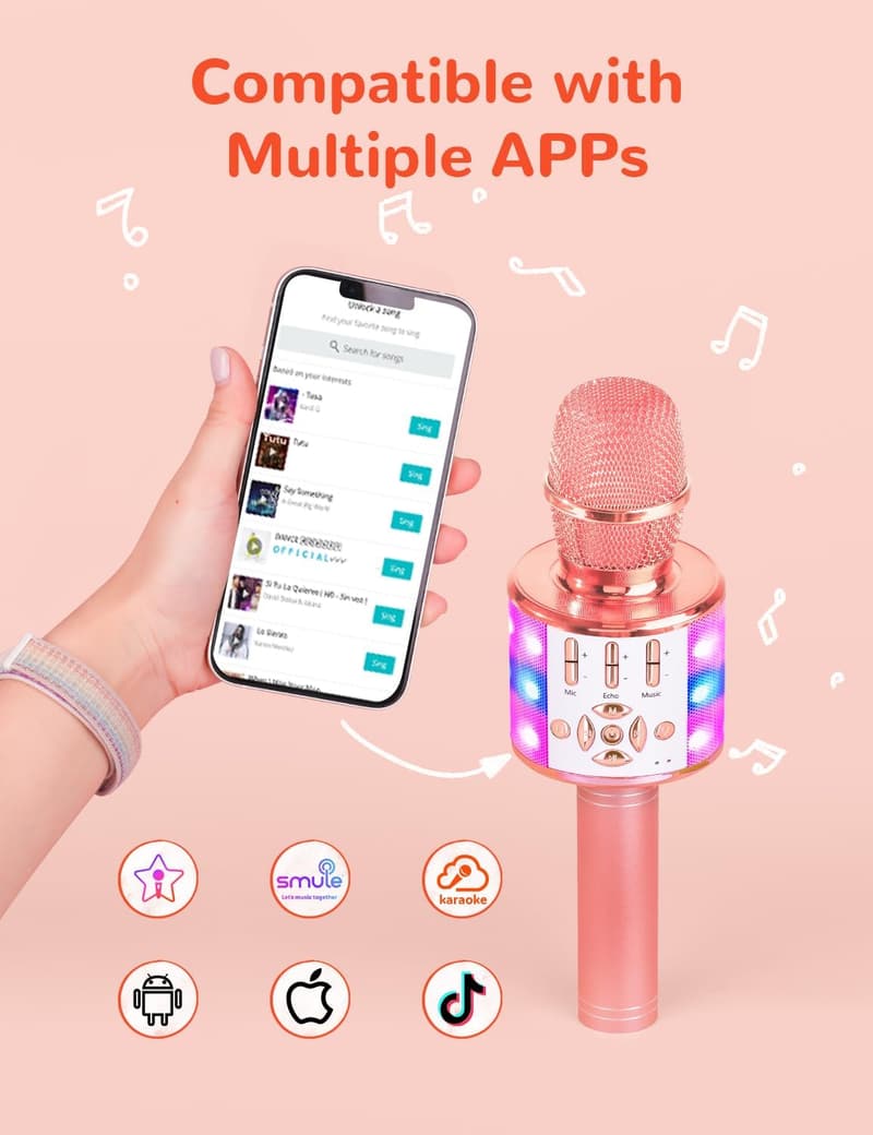 Wireless Karaoke Microphone with LED Lights for Adults & Kids