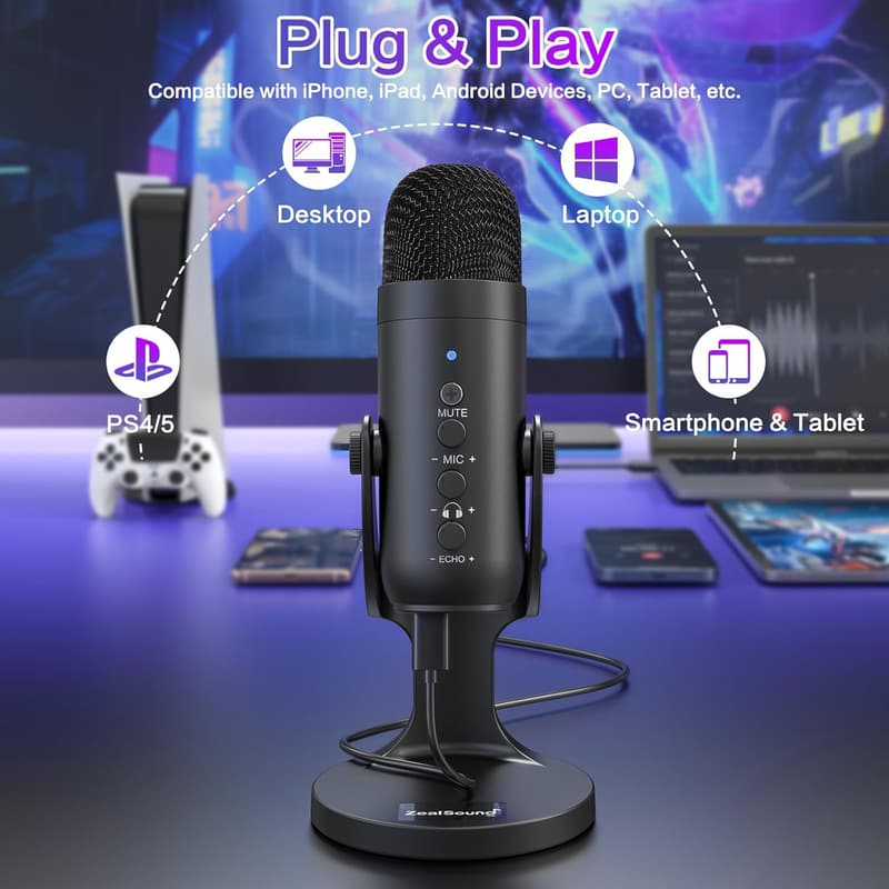 Plug & Play USB Condenser Microphone for Gaming & Podcasting