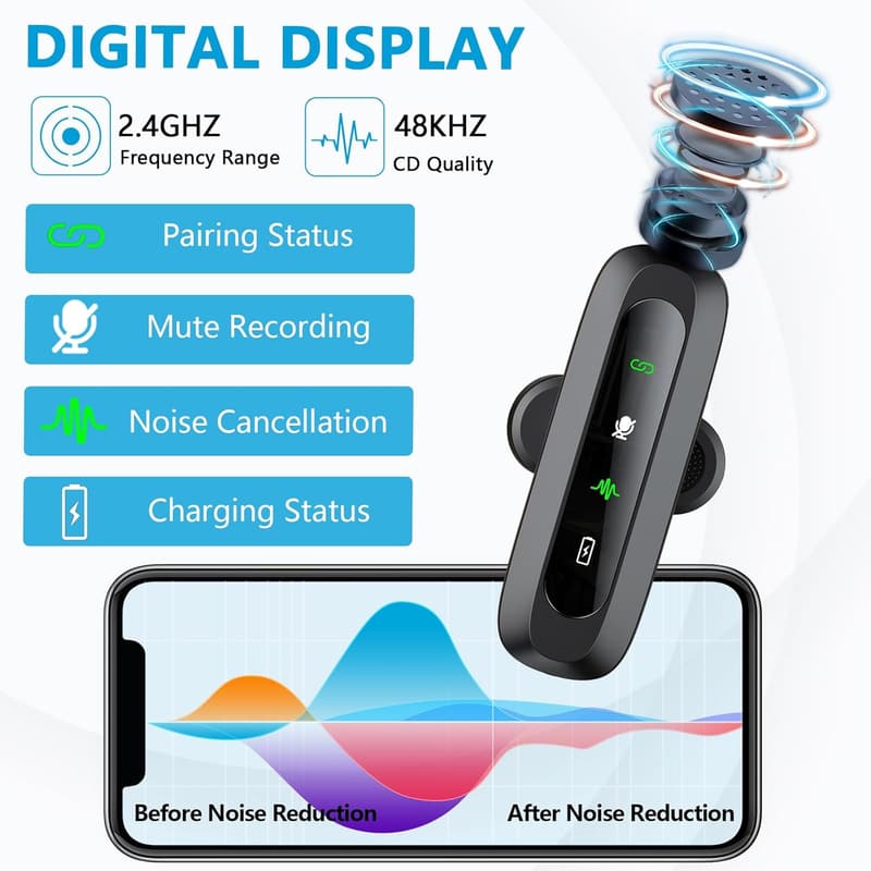 Wireless Lavalier Microphone for iPhone/Android - LED Display