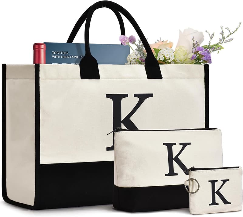 Personalized Initial Canvas Tote Bag for Women