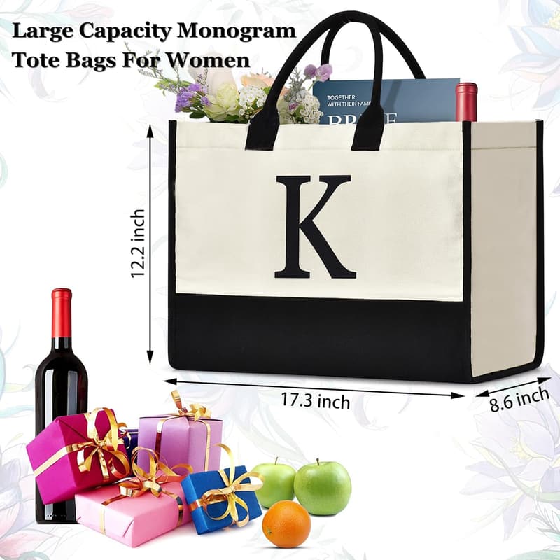 Personalized Initial Canvas Tote Bag for Women