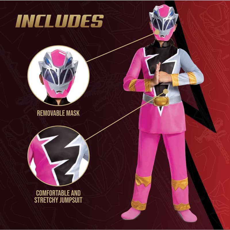 Girls' Pink Power Ranger Costume with Mask - Official Dino Fury
