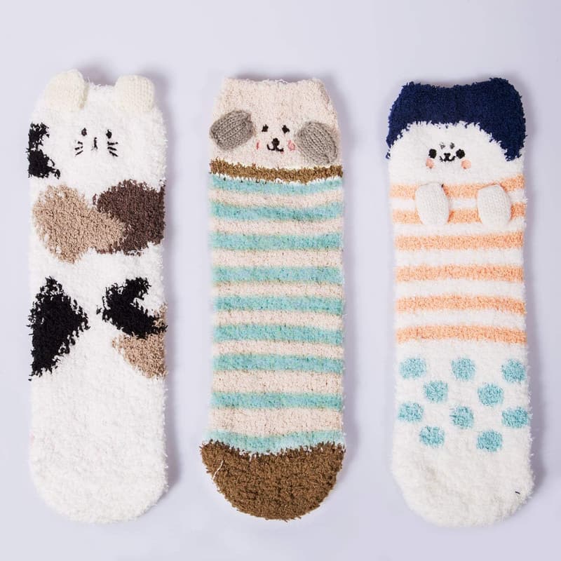 Winter Women's Fuzzy Animal Slipper Socks - 3 Pairs