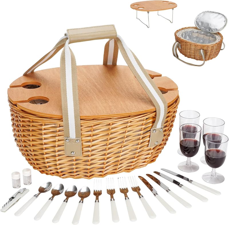 Insulated Wicker Picnic Basket Set for 4 with Cooler Bag
