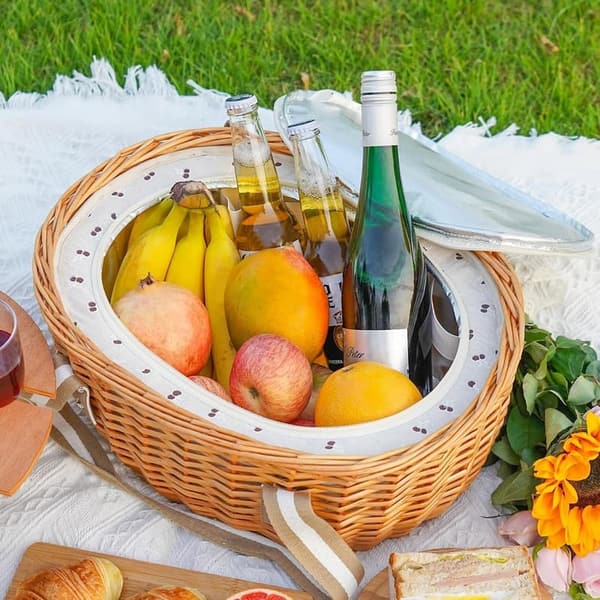 Insulated Wicker Picnic Basket Set for 4 with Cooler Bag