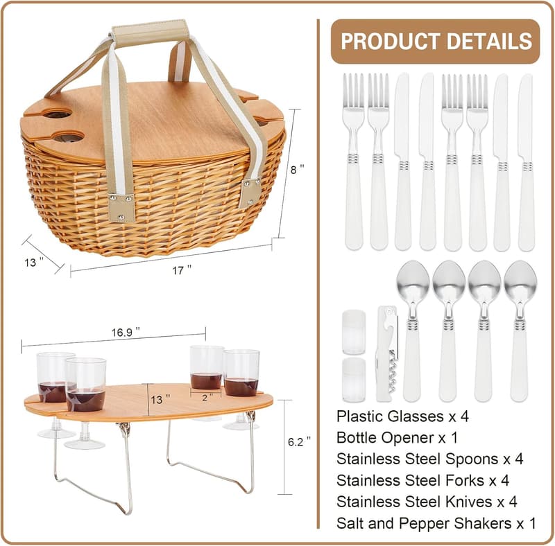 Insulated Wicker Picnic Basket Set for 4 with Cooler Bag