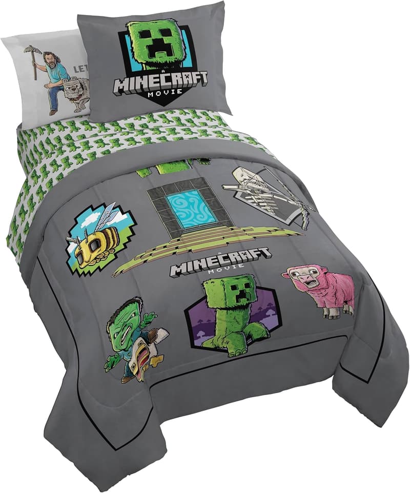 Minecraft Twin Comforter Set - Soft Grey 5-Piece Bedding Set