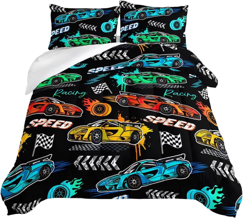 Racing Car Comforter Set for Kids - 3-Piece Bedding Set