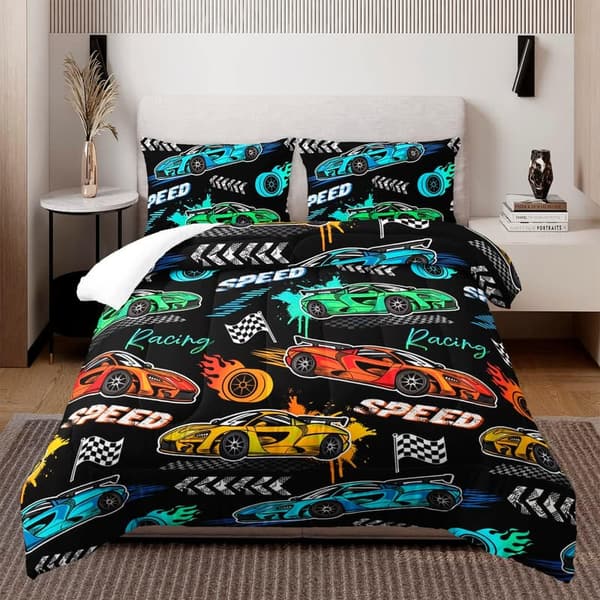 Racing Car Comforter Set for Kids - 3-Piece Bedding Set