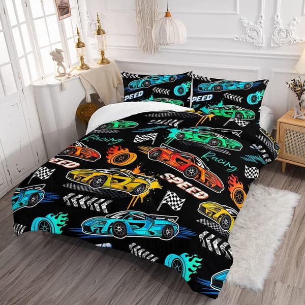 Racing Car Comforter Set for Kids - 3-Piece Bedding Set