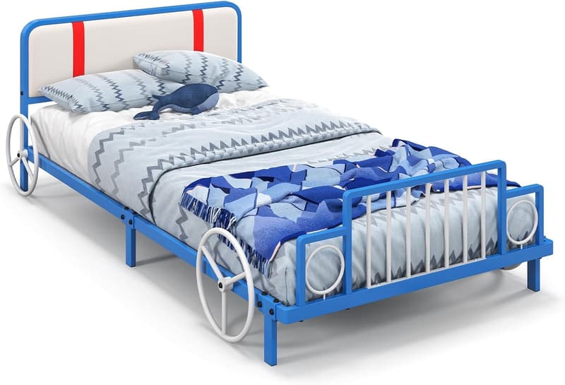 Race Car Twin Bed Frame for Kids, Wooden Platform with Headboard