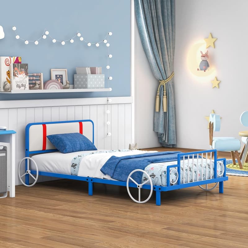 Race Car Twin Bed Frame for Kids, Wooden Platform with Headboard