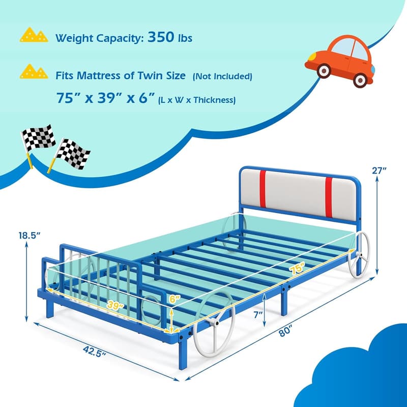 Race Car Twin Bed Frame for Kids, Wooden Platform with Headboard