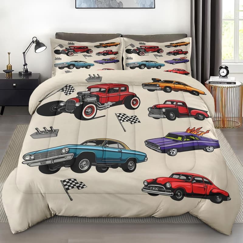 Vintage Truck Comforter Set, 3 Pcs, Retro American Flag Design