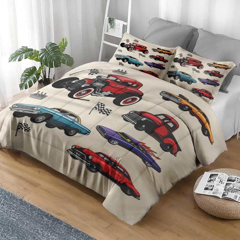 Vintage Truck Comforter Set, 3 Pcs, Retro American Flag Design