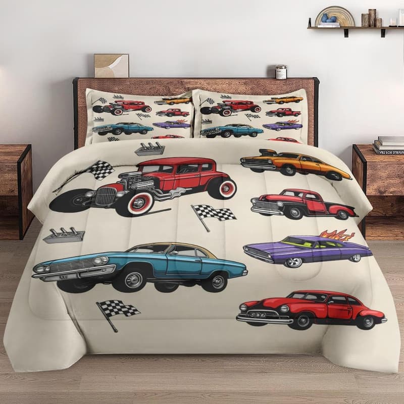 Vintage Truck Comforter Set, 3 Pcs, Retro American Flag Design