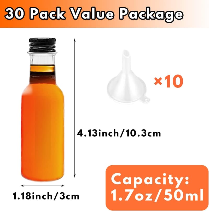30 Pack Mini Liquor Bottles with Caps and Funnels for Parties