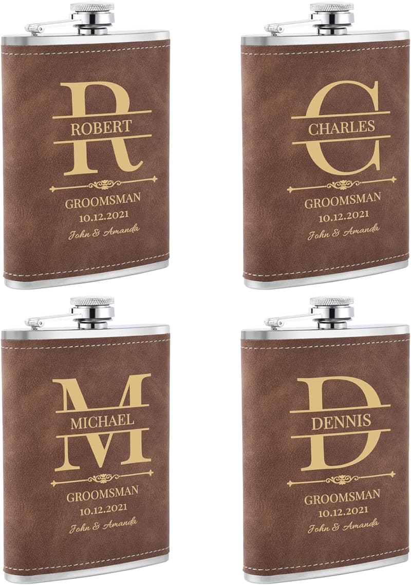 Personalized Wedding Groomsmen Flasks Set of 4, Engraved 304 Steel