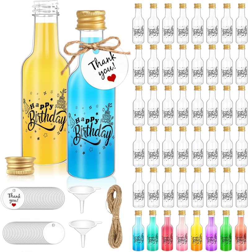 Happy Birthday Mini Liquor Bottles - 50 Pack with Caps & Tags
