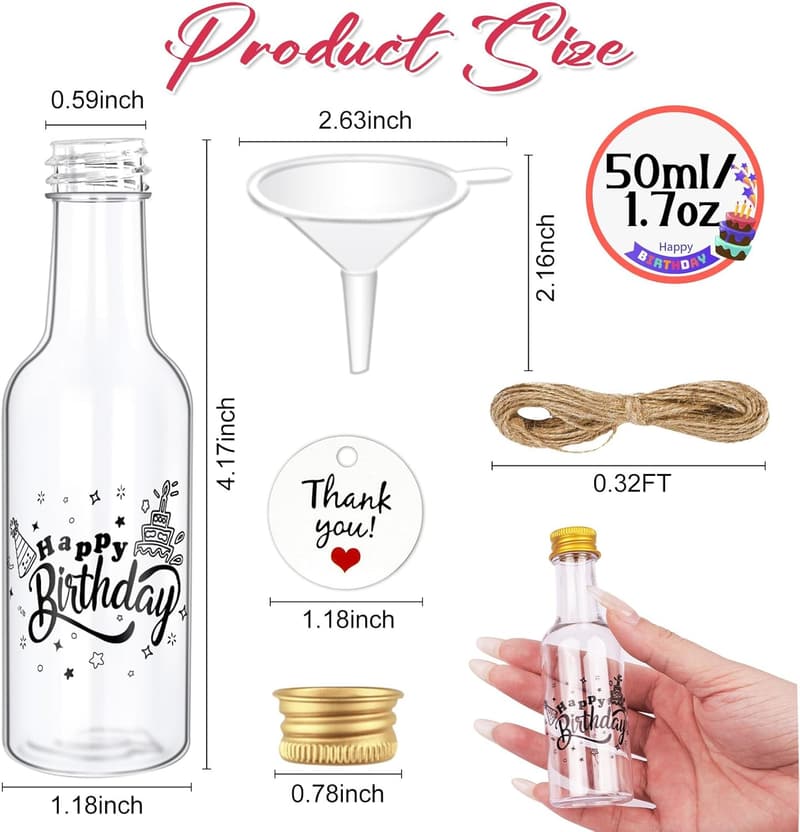 Happy Birthday Mini Liquor Bottles - 50 Pack with Caps & Tags