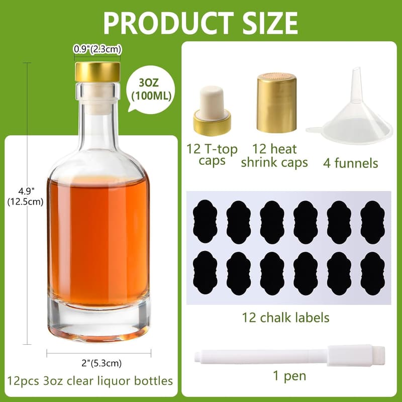 Empty Mini Vodka Bottles (3 oz, 12 Pack) with T-Top Caps