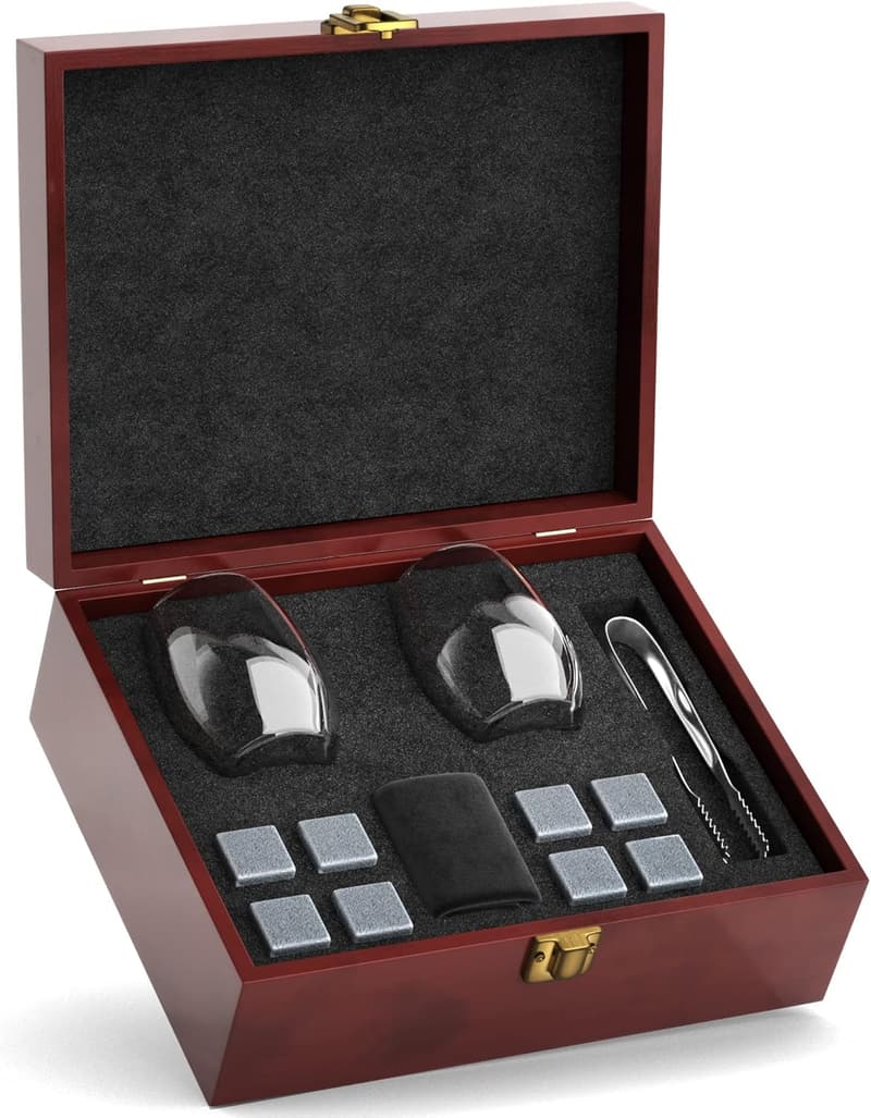 Whiskey Chilling Stones Gift Set for Men - 2 Glasses & Tongs