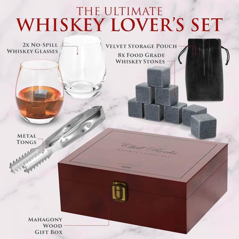 Whiskey Chilling Stones Gift Set for Men - 2 Glasses & Tongs