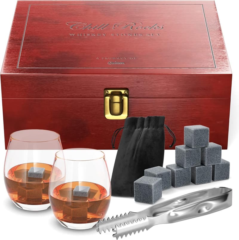 Whiskey Chilling Stones Gift Set for Men - 2 Glasses & Tongs