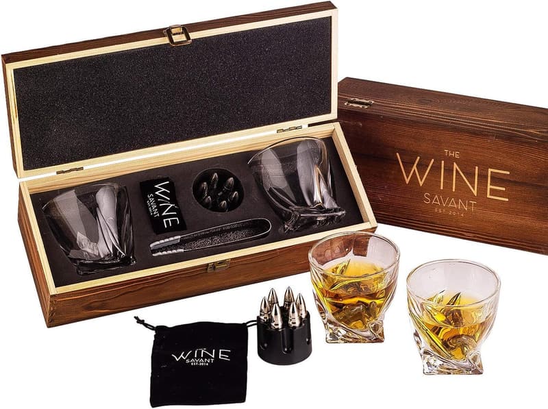 Whiskey Stones Gift Set for Men - 6 Steel Stones & Glasses in Wood Box