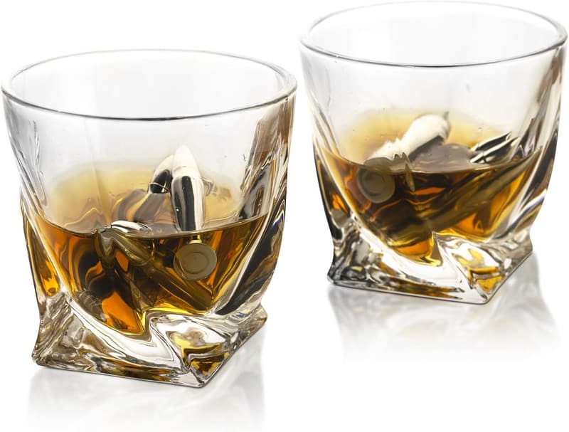 Whiskey Stones Gift Set for Men - 6 Steel Stones & Glasses in Wood Box