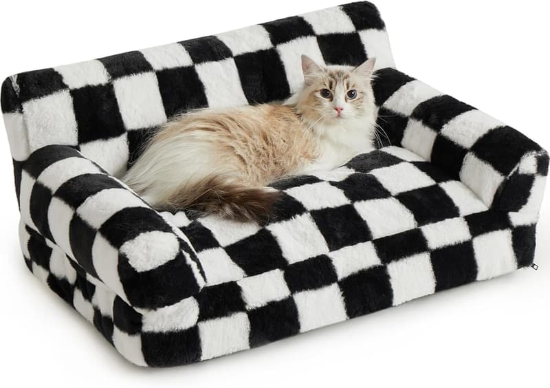 Small Pet Sofa Bed with Washable Cover - Black & White Checkered