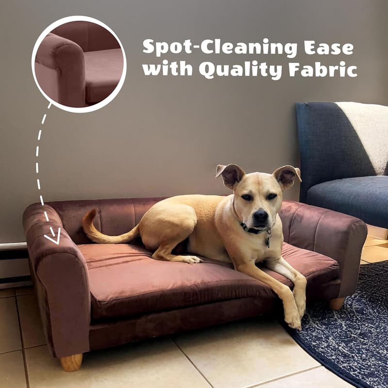 Elegant Brown Faux-Velvet Dog Sofa for Medium to Large Dogs
