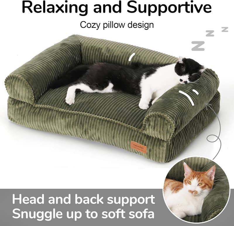 Cozy Corduroy Cat Bed with Washable Cover - 27 inch, Green