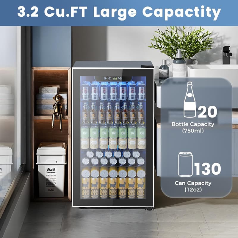 Beverage Cooler Mini Fridge, 3.2 Cu.Ft, Adjustable Temp, Black