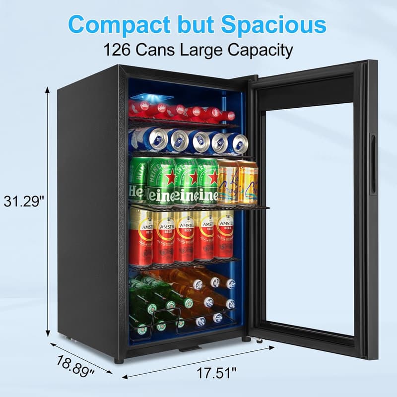 Mini Beverage Fridge with Glass Door - 126 Can Cooler