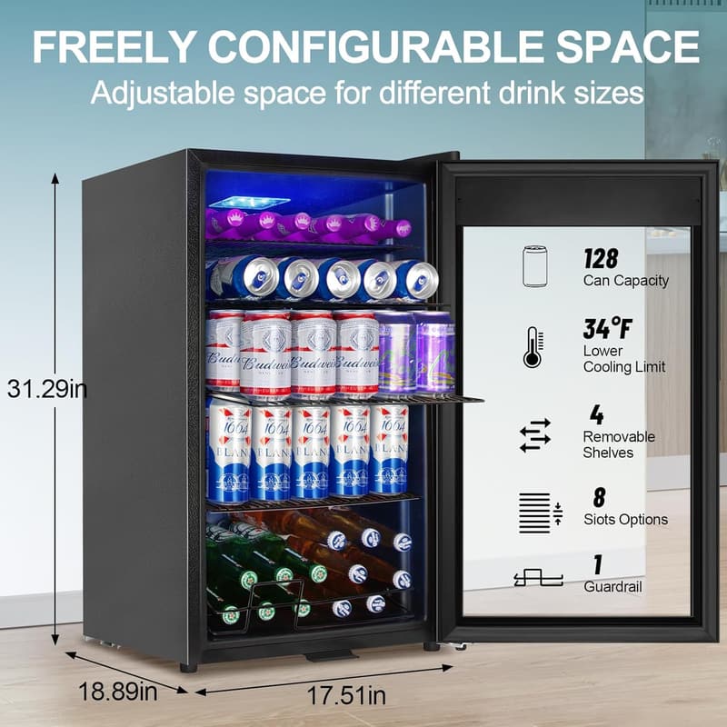 Mini Beverage Refrigerator with Glass Door, 128 Can Capacity