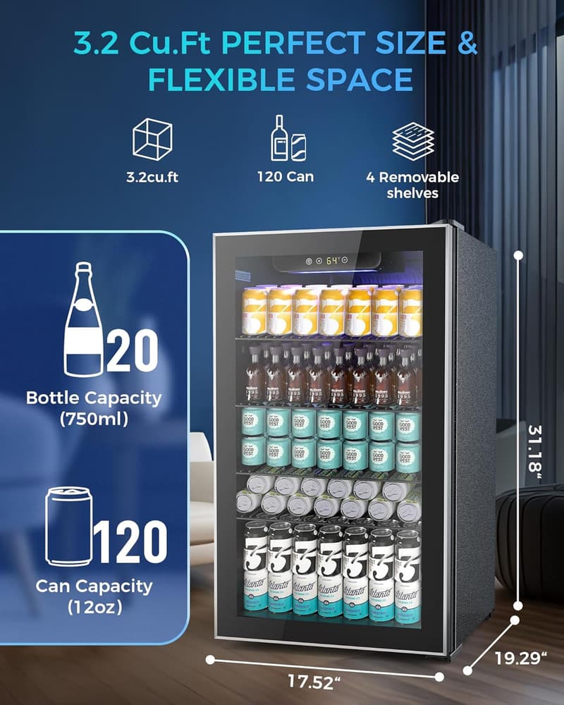 Mini Beverage Fridge with Glass Door - 120 Can Cooler, 3.2 Cu.Ft