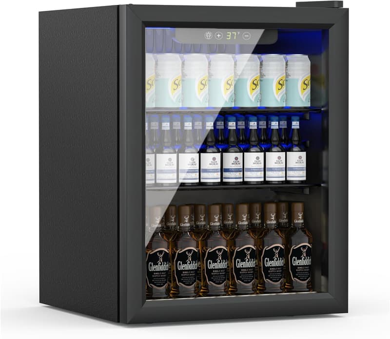 Compact Beverage Refrigerator with Reversible Glass Door, 70 Can