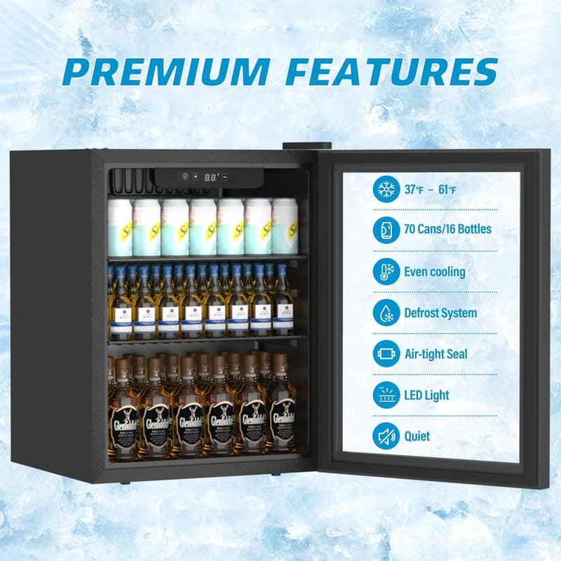 Compact Beverage Refrigerator with Reversible Glass Door, 70 Can