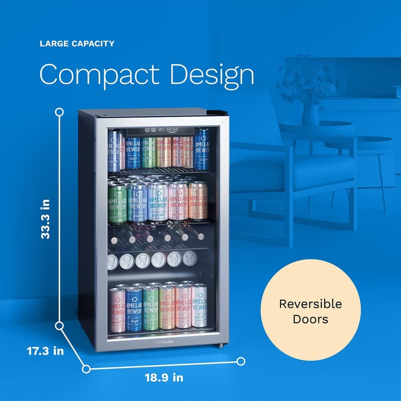 HomeLabs Mini Beverage Refrigerator - 120 Can Cooler with Glass Door
