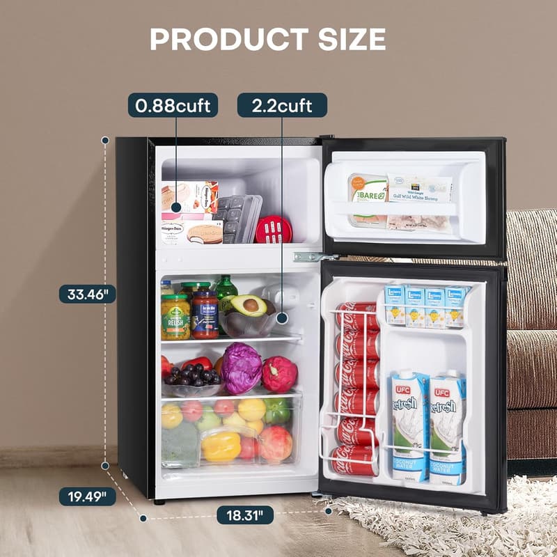 Mini Fridge with Freezer - 3.1 Cu.Ft, Energy Saving, Black