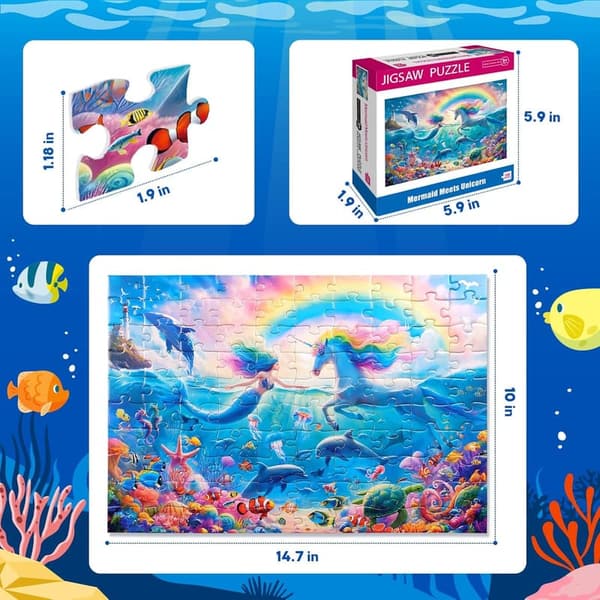 100-Piece Mermaid Unicorn Puzzle for Kids Ages 4-10