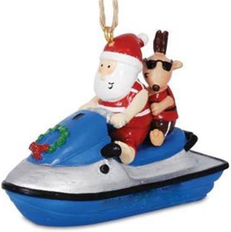 Jolly Santa Jet Ski Ornament with Reindeer