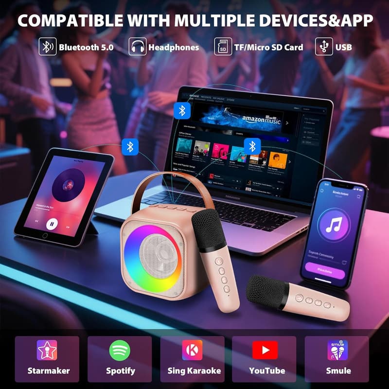Portable Bluetooth Karaoke Machine with Disco Light for Kids