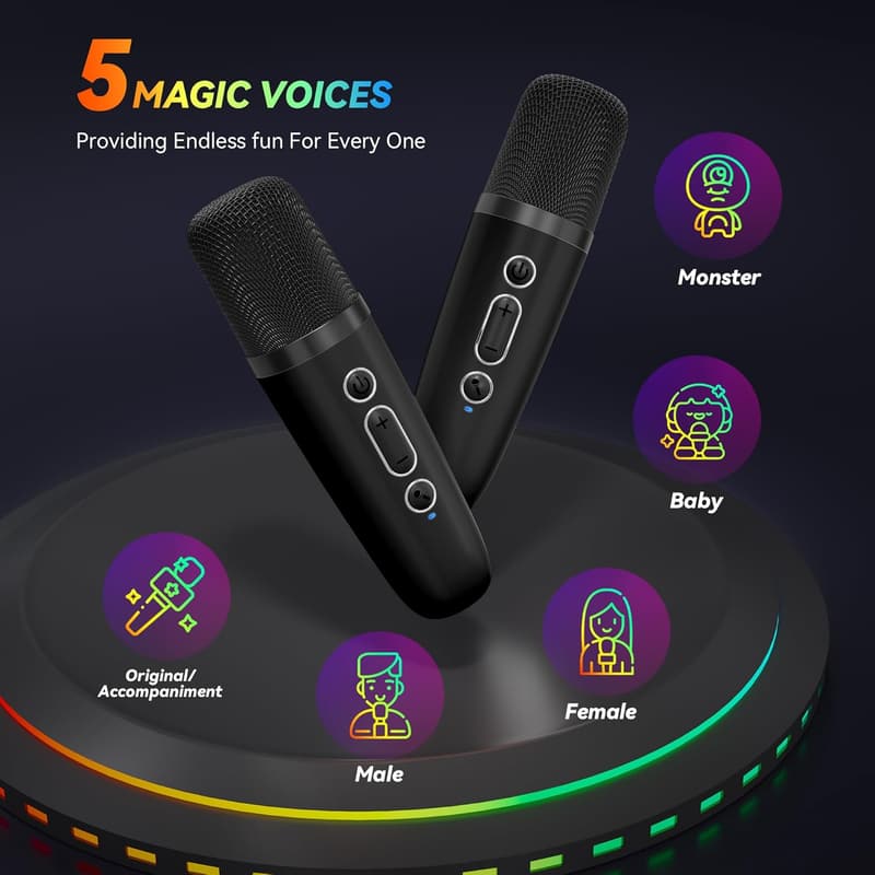 Portable Bluetooth Karaoke Machine with 2 Wireless Mics - Black